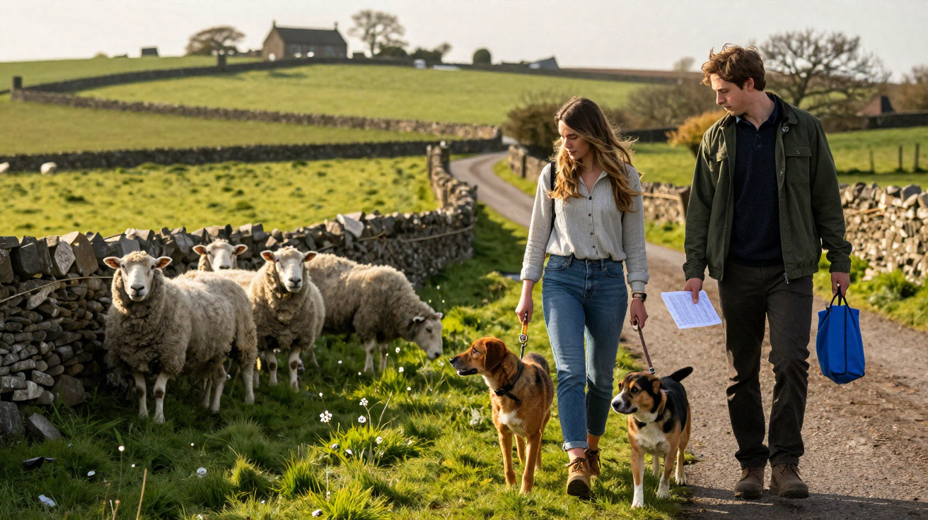 A young couple walking two dogs along a country path with sheep grazing in a green field nearby.