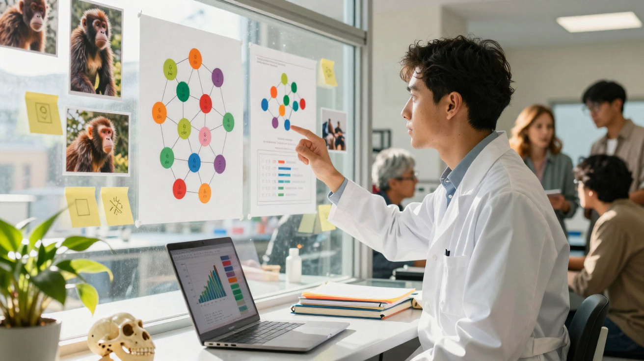 Scientist in lab coat pointing at colourful network diagrams on glass wall while working at desk with laptop.