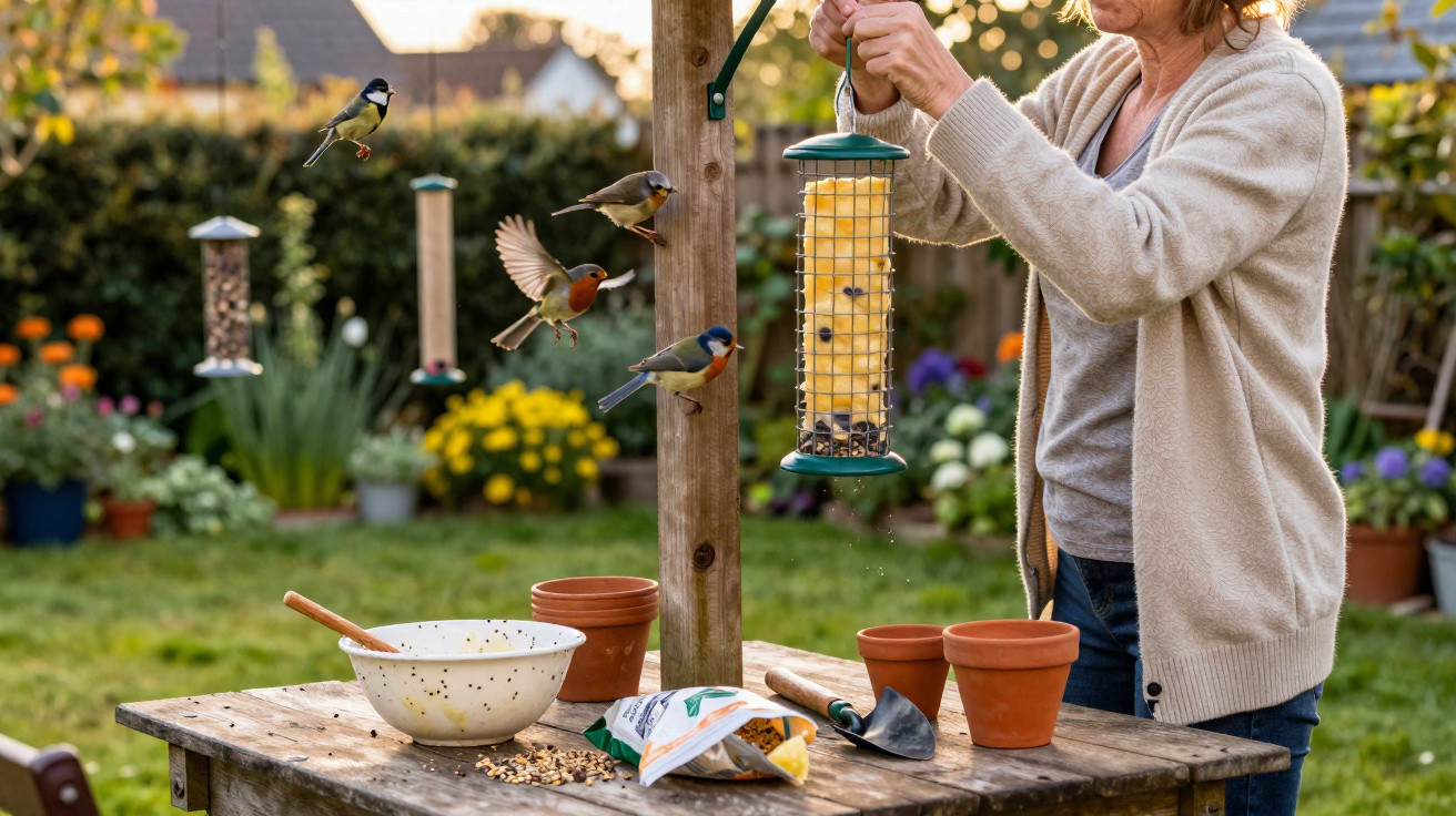 Person refilling bird feeder in garden with small birds flying nearby and gardening tools on wooden table