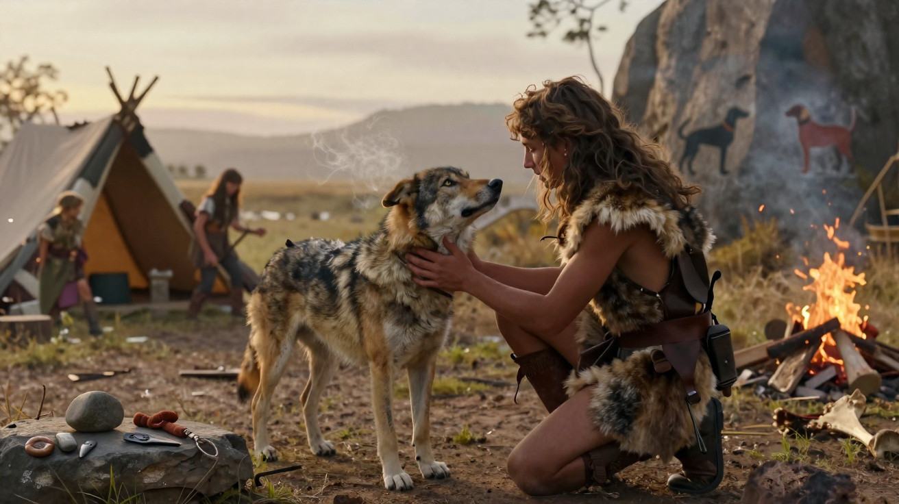 A person in fur clothing kneels and gently holds a wolf-like dog near a campfire with tents in the background.