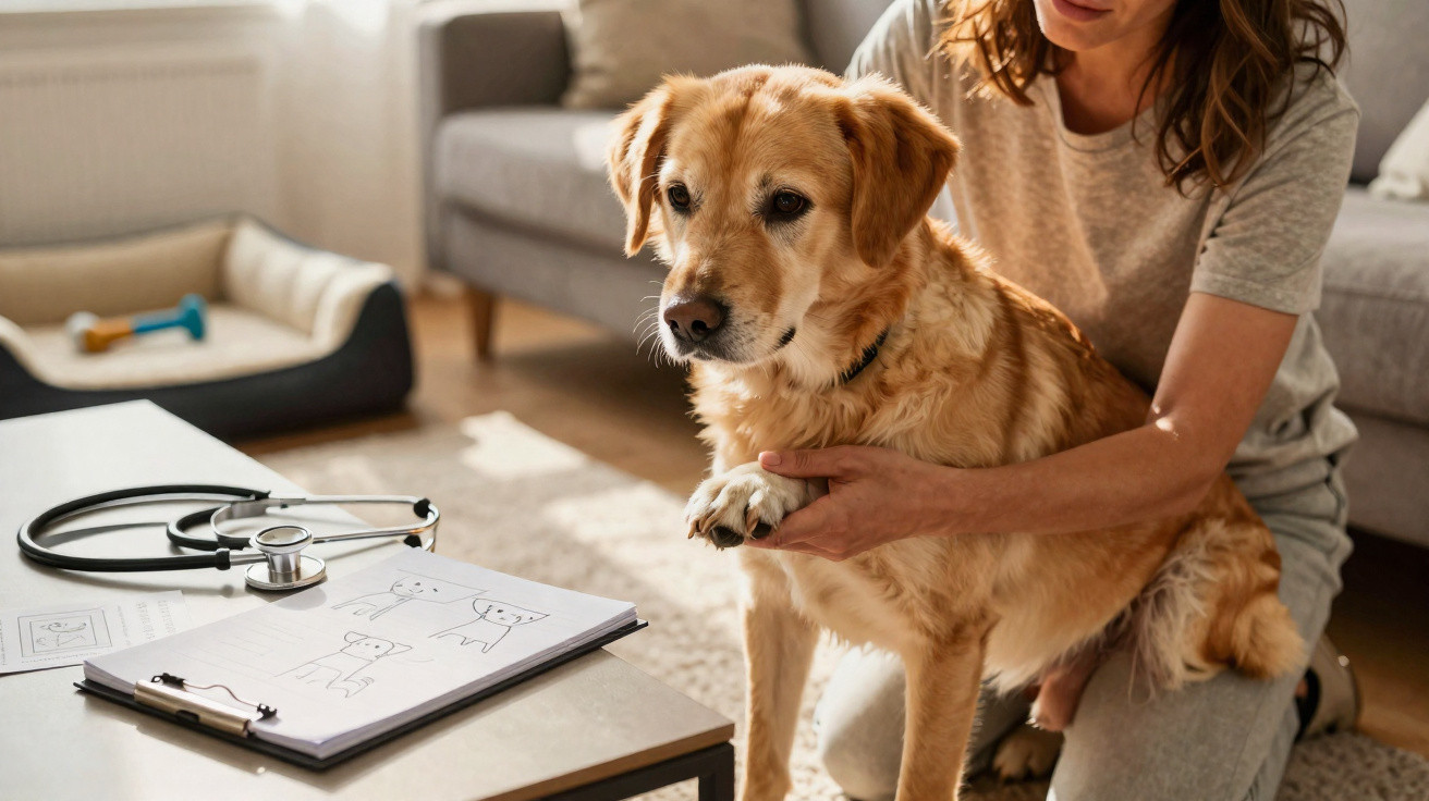 Woman holding Golden Retriever's paw during veterinary home visit with stethoscope and pet drawings on table.