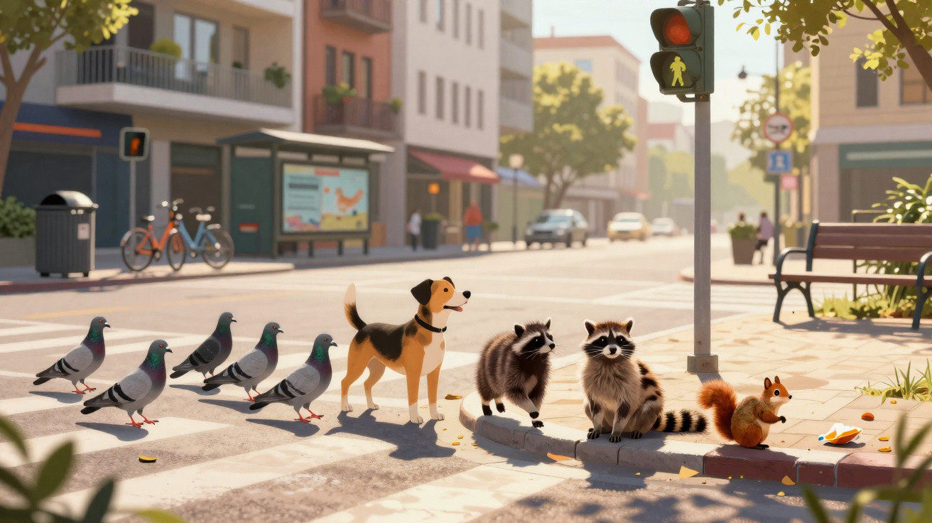 Animated pigeons, dog, raccoons, and squirrel waiting at a pedestrian crossing in a city street.