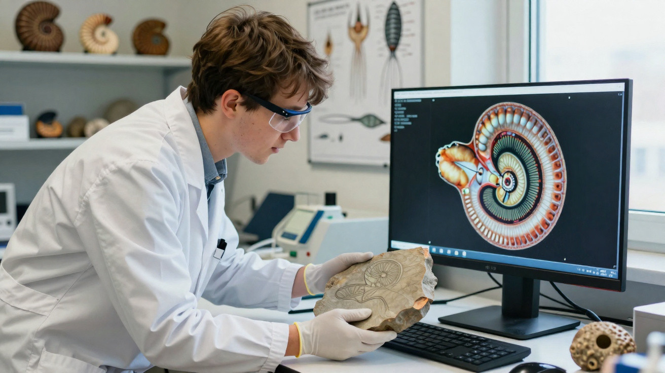 Scientist in lab coat examining a fossil and comparing it to a digital spiral shell image on a computer screen.