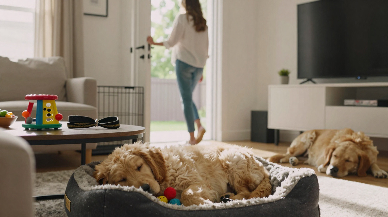 Two golden retriever dogs resting indoors with a person opening the door to the outside garden.