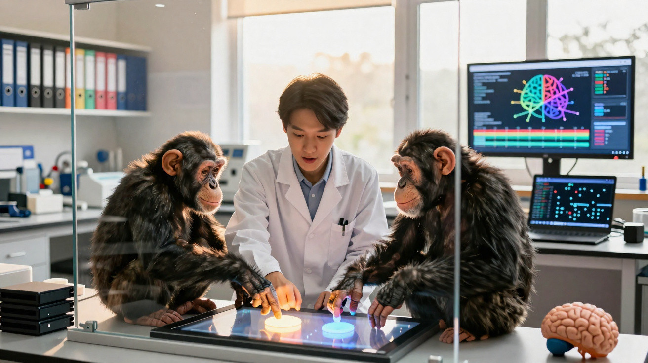 Scientist in lab coat studying brain activity on touchscreen with two chimpanzees in a research laboratory.