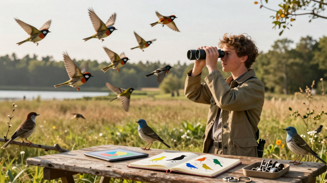 Young birdwatcher using binoculars at a field table with guidebooks and colourful birds nearby.