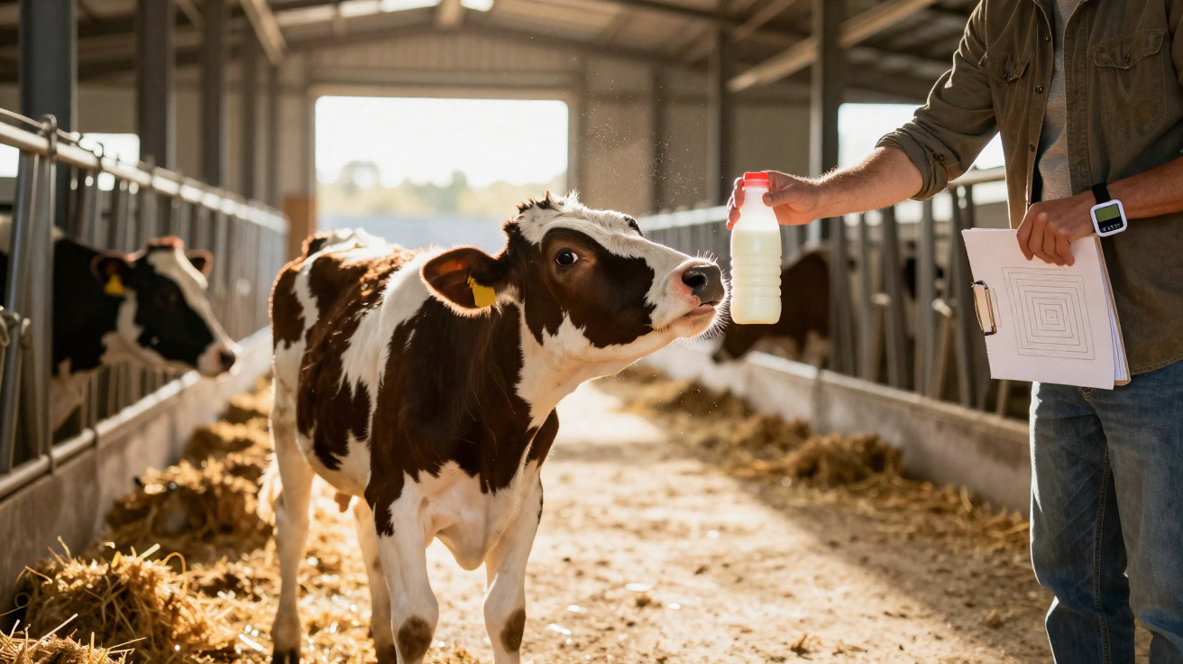 Young black and white calf sniffing a bottle of milk held by a person inside a barn.