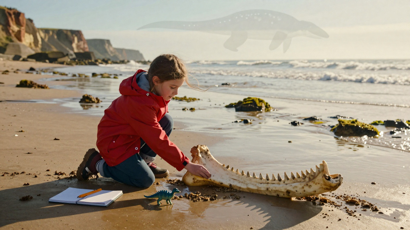 Child in red jacket kneeling on beach examining large animal jawbone with toy dinosaur and notebook nearby.