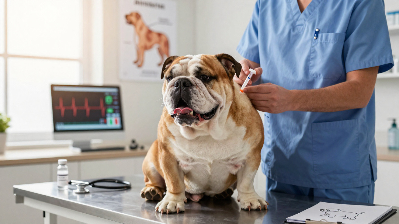 Veterinarian in blue scrubs administering an injection to a bulldog on a metal examination table.