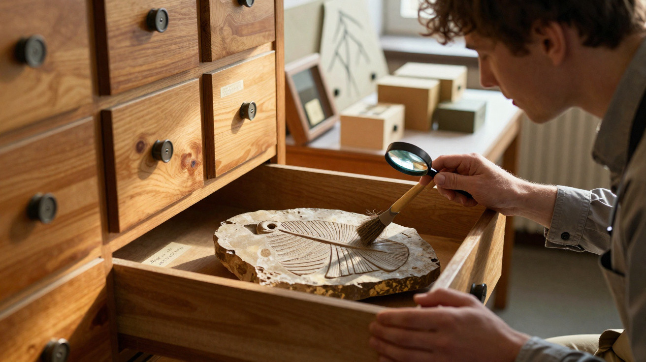 Person examining a fossil leaf in a wooden drawer using a magnifying glass and brush.