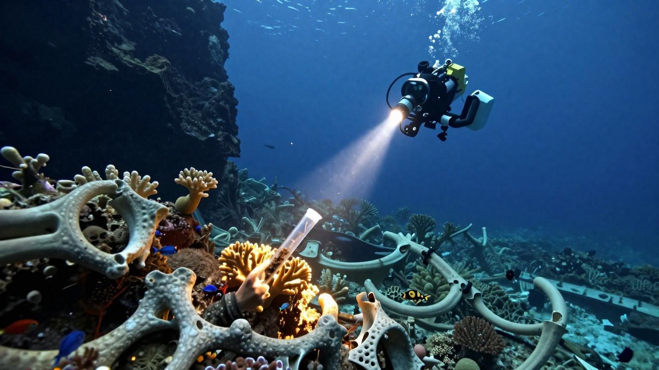 Underwater robot with spotlight examining coral reef and skeletal remains on the ocean floor.