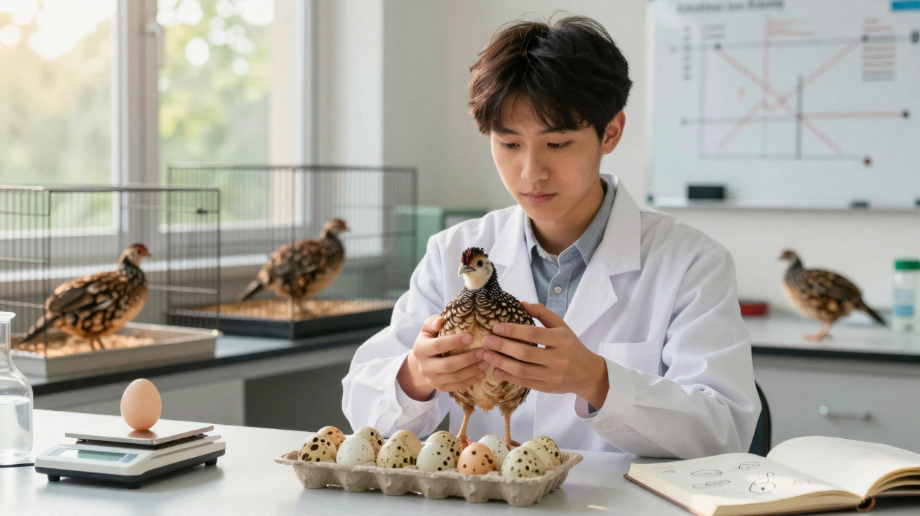 Scientist in a lab coat studying a quail and quail eggs in a research laboratory with cages in the background.
