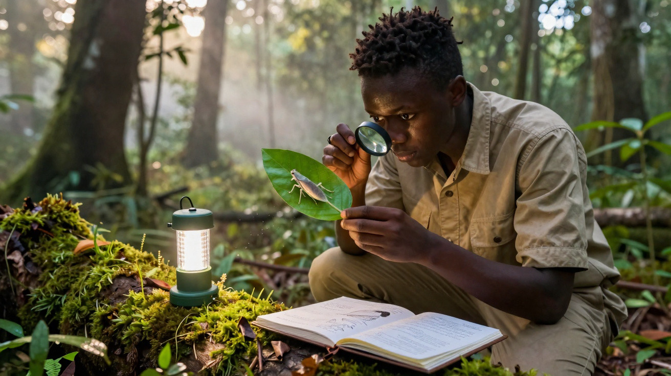 Young man in khaki clothes examining a grasshopper on a leaf with a magnifying glass in a forest.