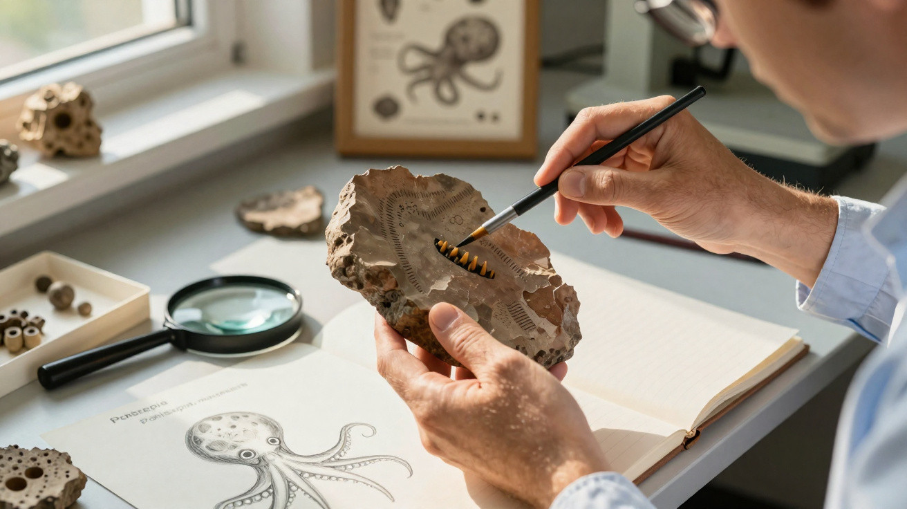 Person examining and pointing at a fossil specimen with illustrations and magnifying glass on desk.
