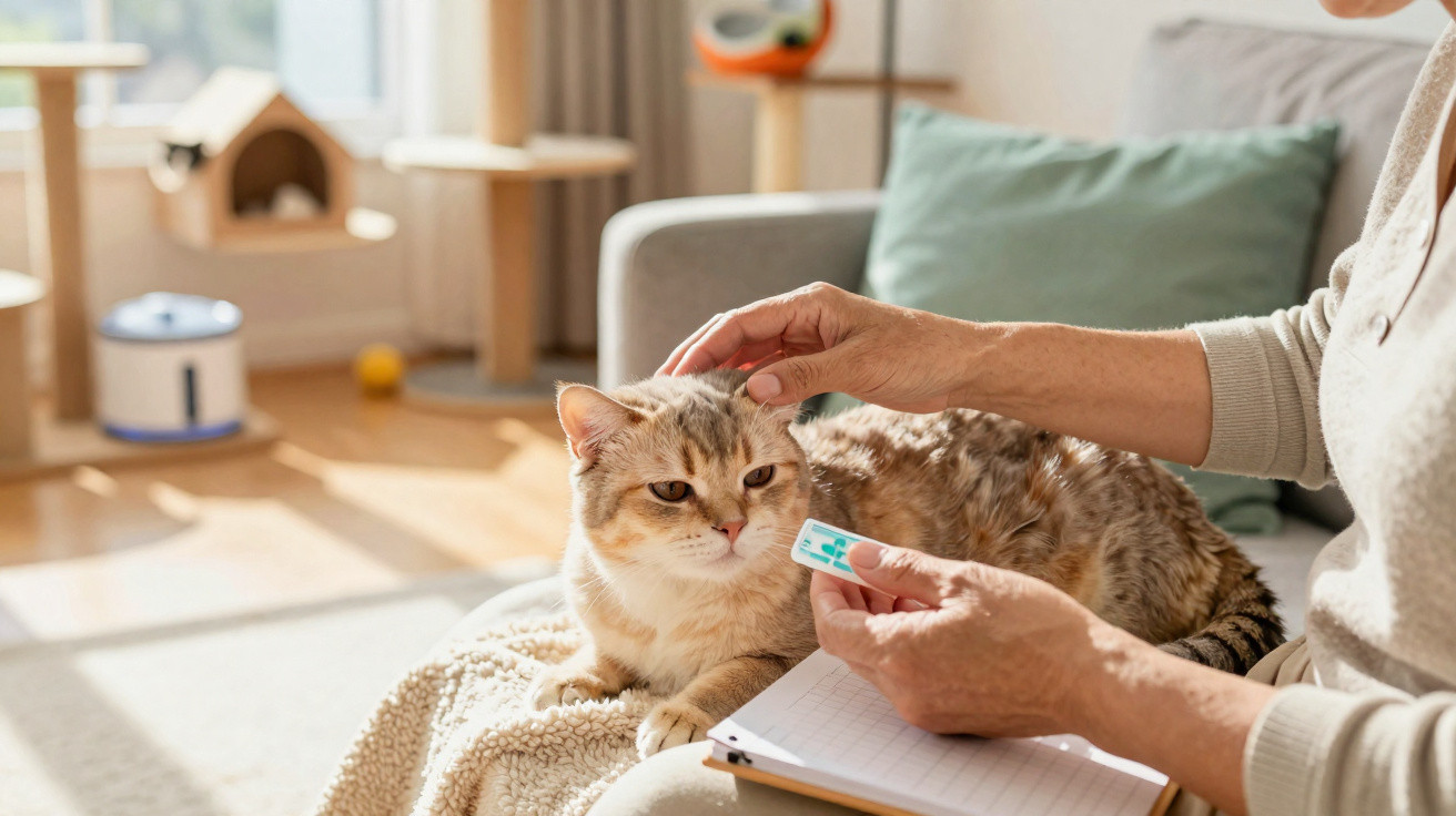 Person holding a cat paw bandage while gently petting a brown tabby cat on a sofa in a sunlit room.