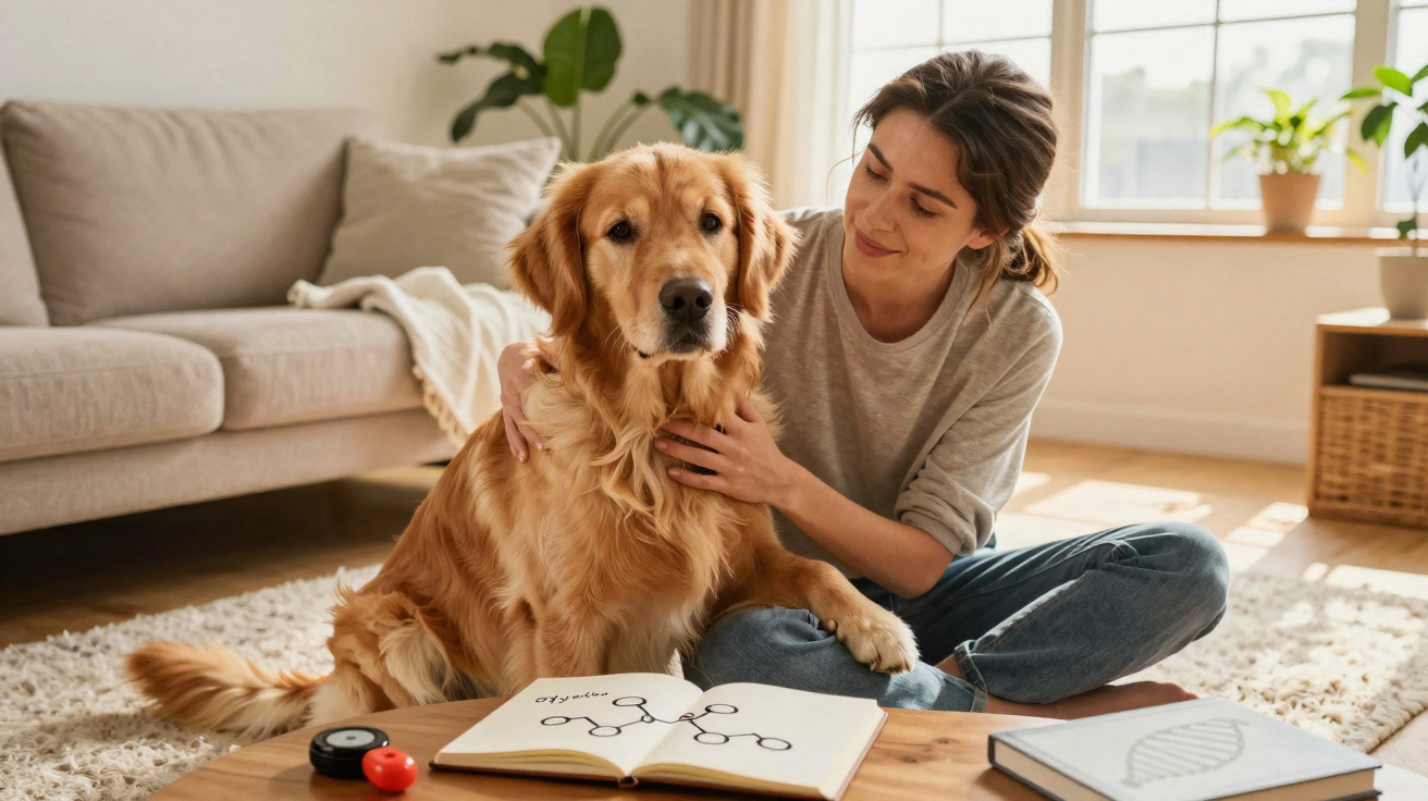 Woman sitting on floor beside golden retriever with open notebook showing molecule drawing on table in bright living room
