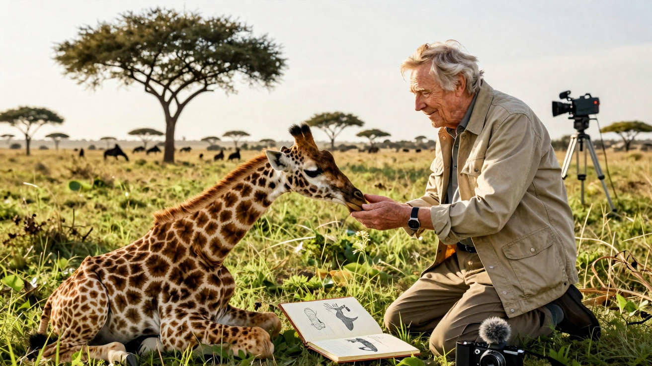 Elderly man feeding a baby giraffe in a grassy savannah with a camera and book nearby.