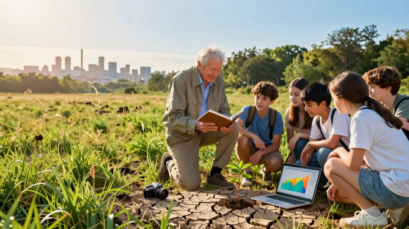 Elderly man teaching five children about plant growth in a dry field with a city skyline in the background.