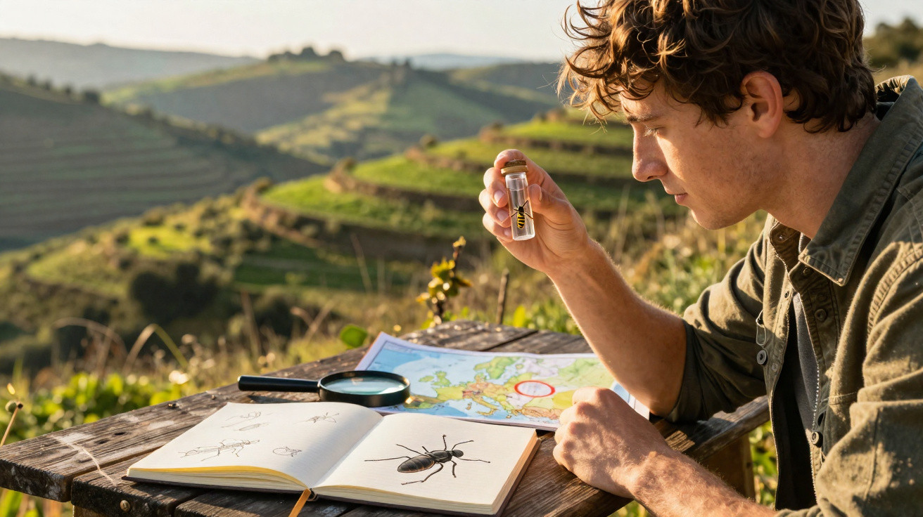 Young man studying an insect in a vial with a nature sketchbook, map, and magnifying glass on a rustic wooden table outdoors.