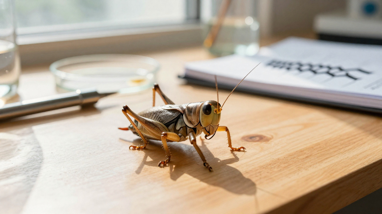 Close-up of a grasshopper on a wooden desk near a keyboard and magnifying glass in natural light.