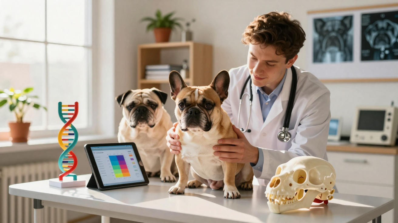 Veterinarian examining a French Bulldog on a table with another dog, a DNA model, tablet, and skull model nearby.