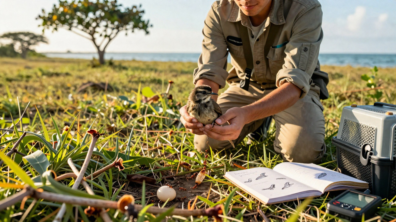 Person holding a small bird in hands beside an open bird guidebook and bird carrier in a grassy field near the sea.