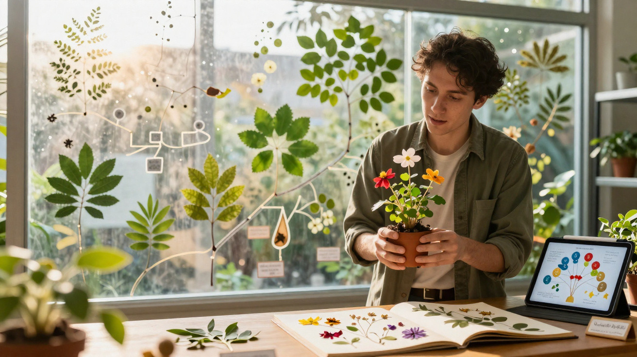 Young man examining a potted flowering plant in a room decorated with botanical illustrations on the window.
