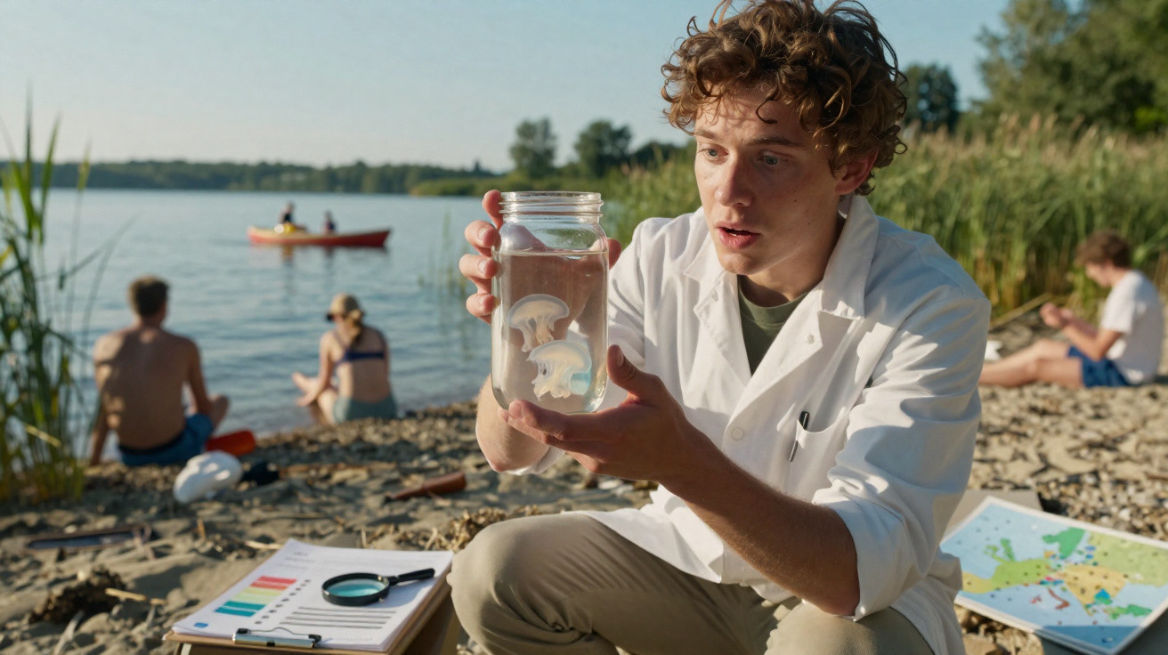 Young scientist in lab coat examining jellyfish in jar by lakeside with people and boat in the background