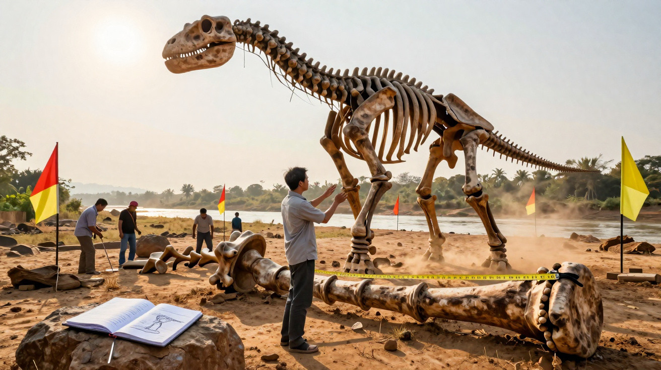 Several people measure and examine a large dinosaur skeleton displayed outdoors with flags marking the site.