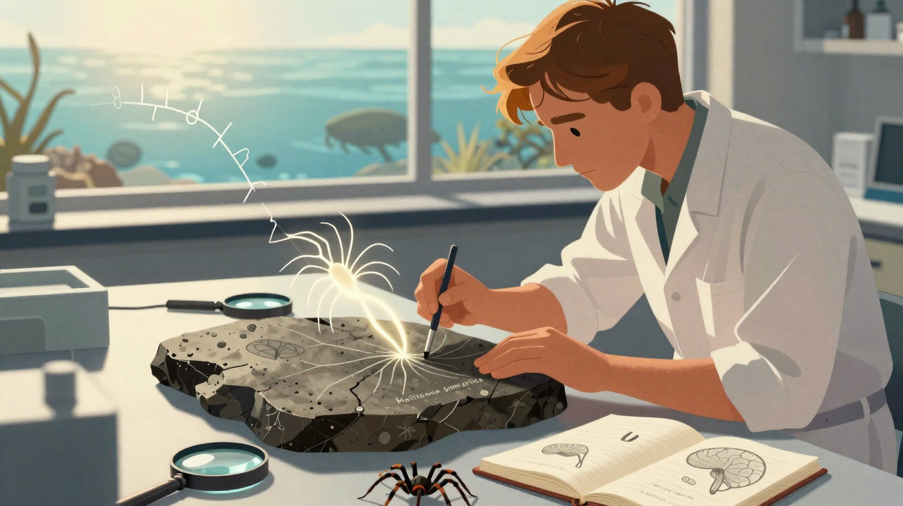 Scientist in a lab coat studying a fossil slab with magnifying glasses and an open reference book by the window.