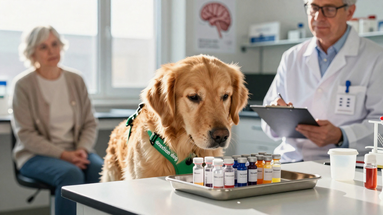 Golden retriever detection dog inspecting medical vials on a tray during a veterinary examination.