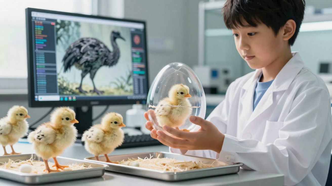 Young scientist in a lab coat examining a chick inside a transparent egg-shaped container with chicks on trays nearby.