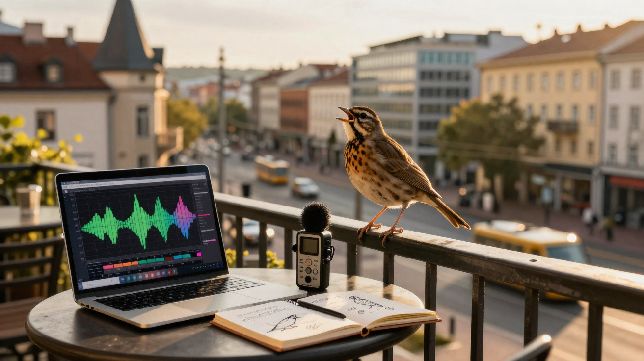 Small bird perched on balcony railing next to laptop, recorder, and bird sketchbook at sunset.