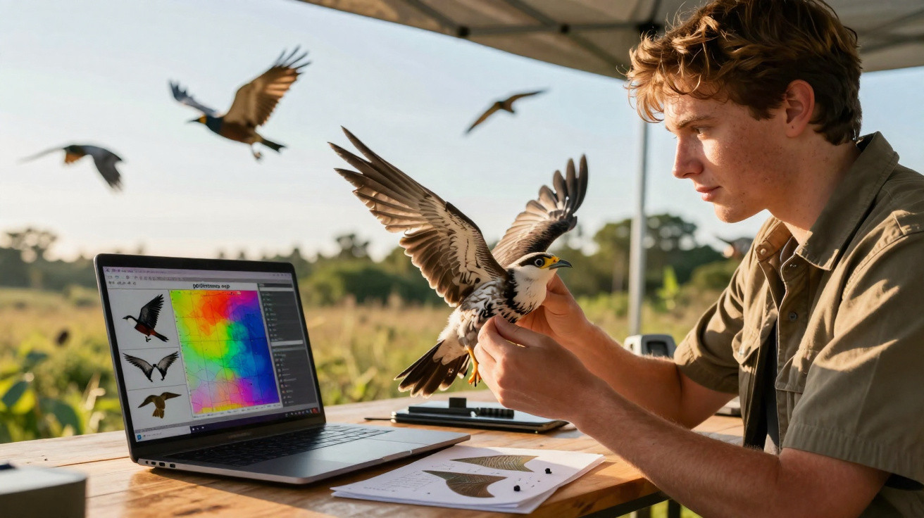 Person examining a bird with outstretched wings beside a laptop showing bird images and colour map outdoors.