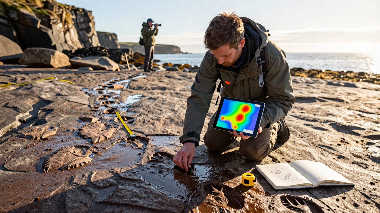 Man examining fossil imprints on rocky shore holding tablet with heatmap, open notebook and measuring tape nearby.