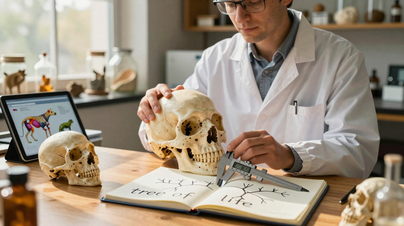Scientist in lab coat measuring a human skull with calipers, studying a "tree of life" diagram in a notebook.