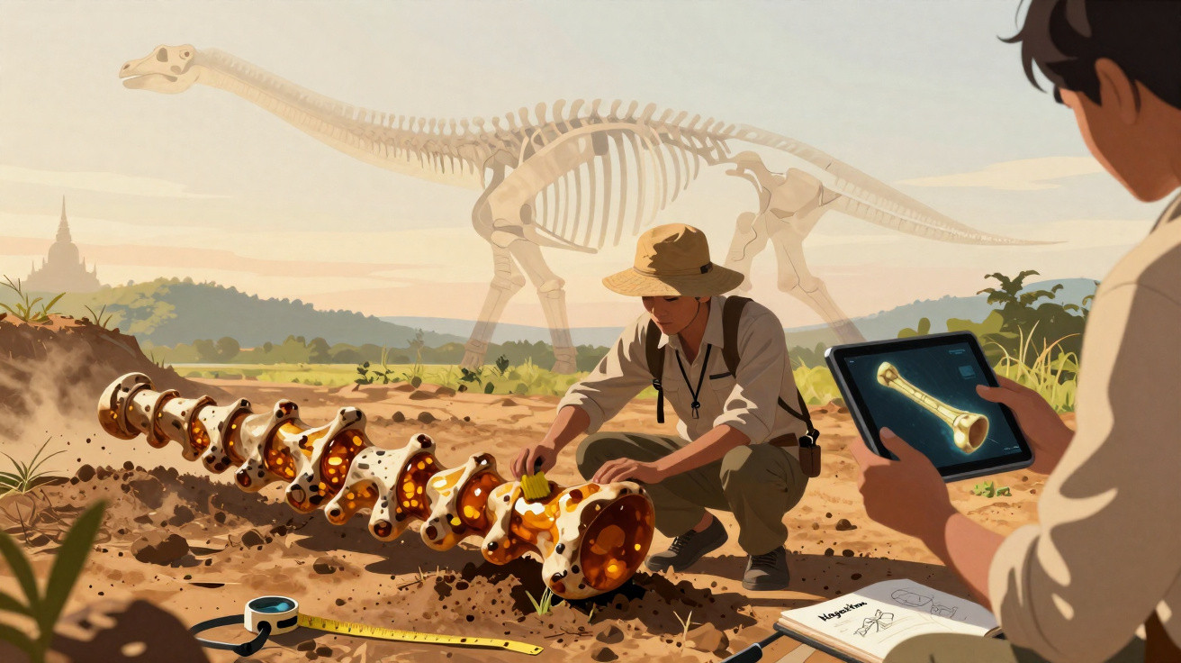 Two archaeologists excavate and study dinosaur vertebrae with digital tools in a prehistoric landscape.