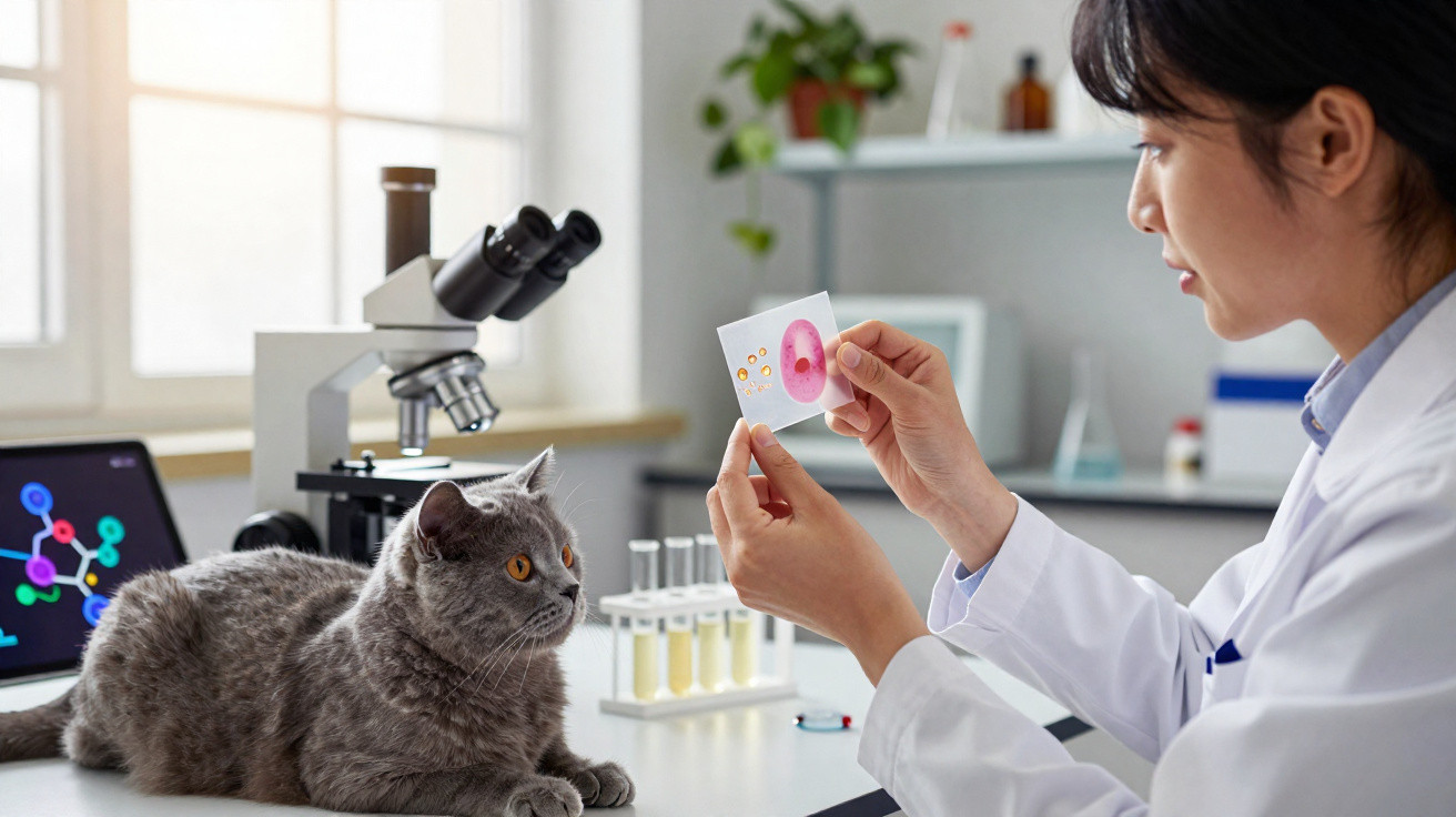 Scientist examining a microscopic slide with a grey cat on the lab table next to a microscope and test tubes.