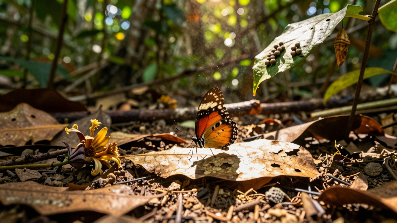 Orange and black butterfly resting on a dry leaf on a forest floor with scattered flowers and sunlight.