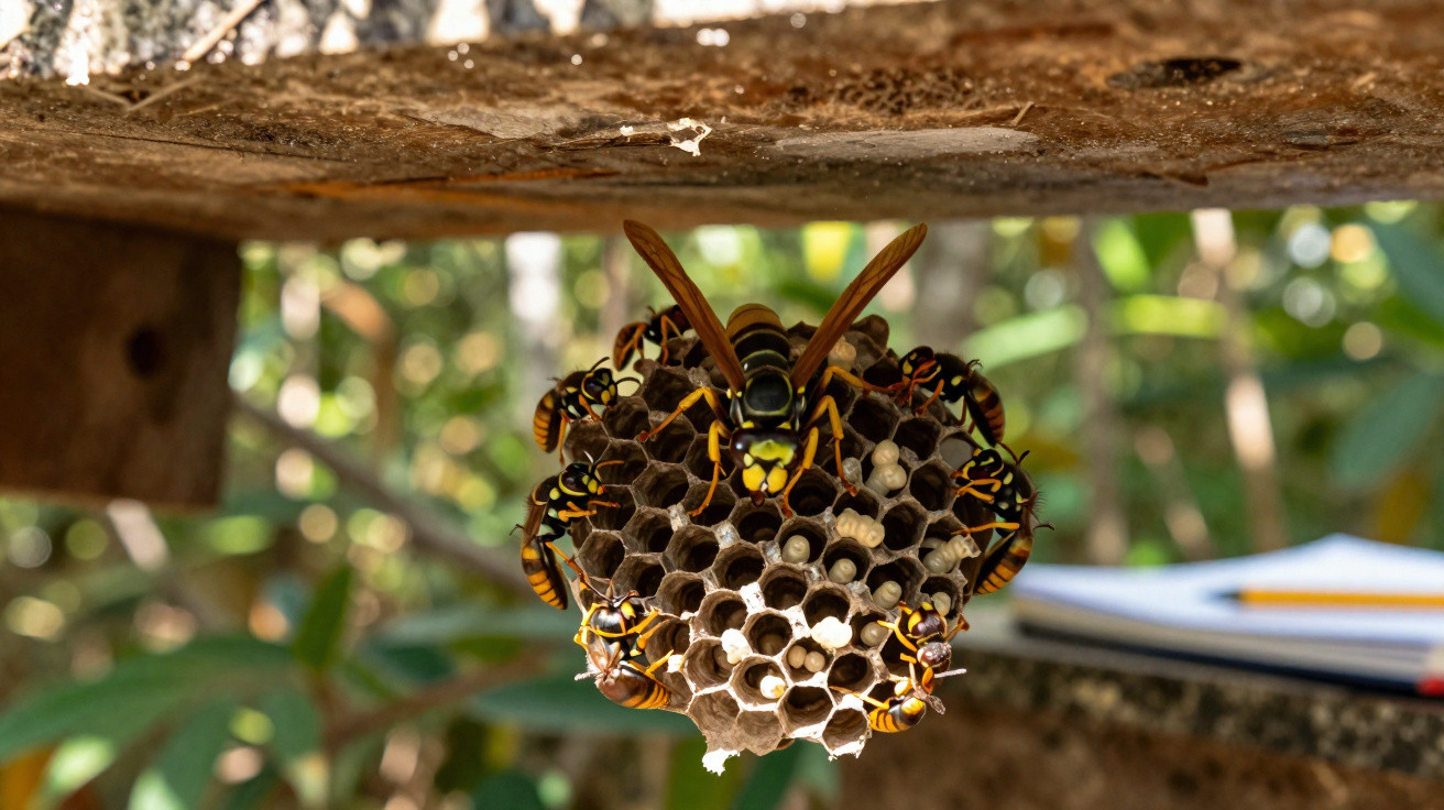 Close-up of several wasps on their honeycomb nest hanging under a wooden surface with blurred greenery in the background.