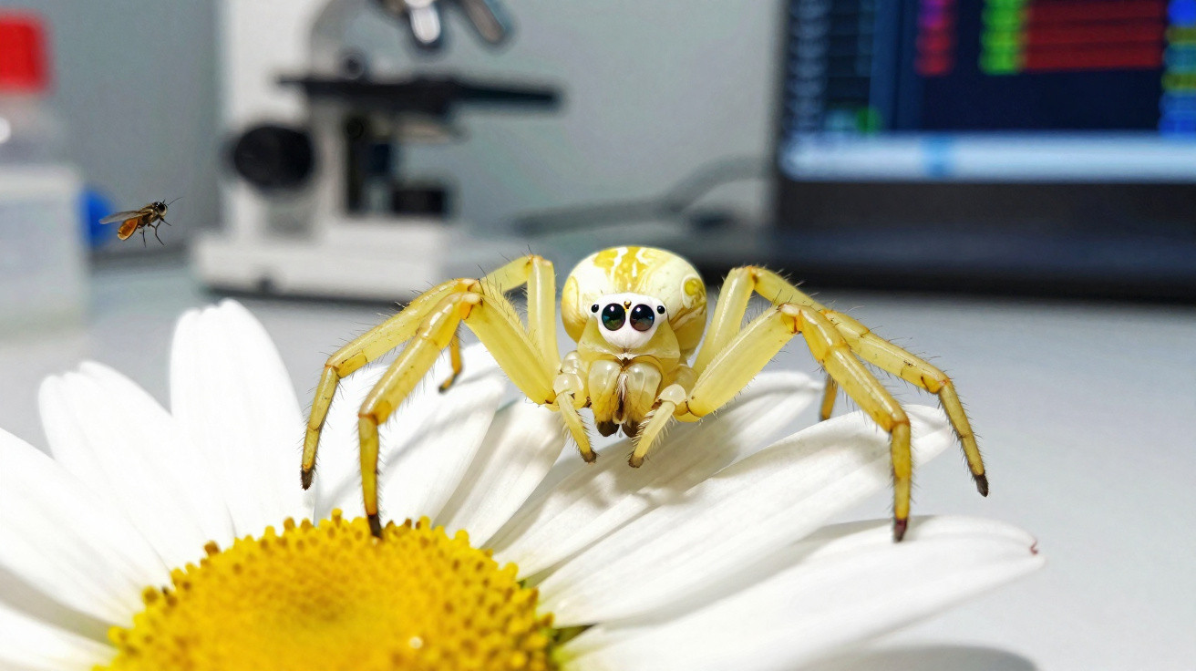 Close-up of a yellow spider on a daisy flower with a small flying insect and microscope in the background.