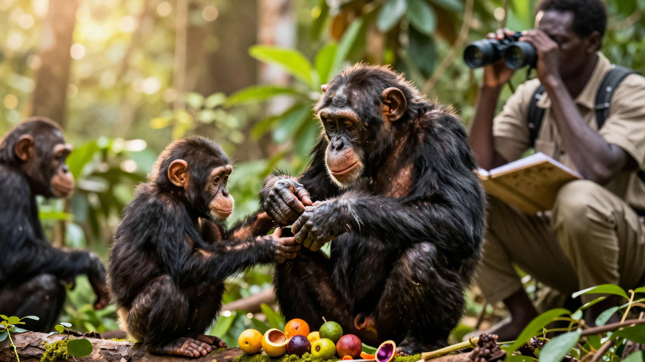 Two young chimpanzees interacting with fruit in the jungle while a man observes through binoculars.
