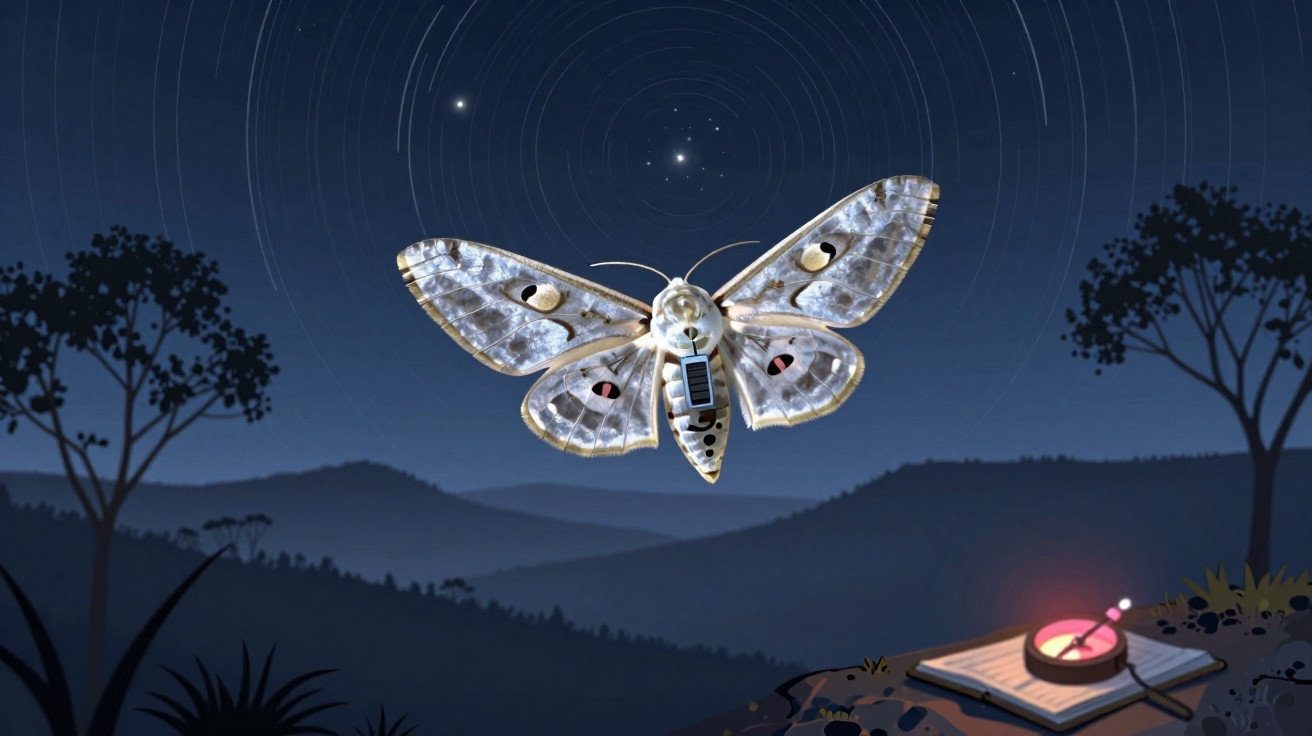 Mechanical moth with solar panel wings flying at night under star trails over a hilly landscape with trees.