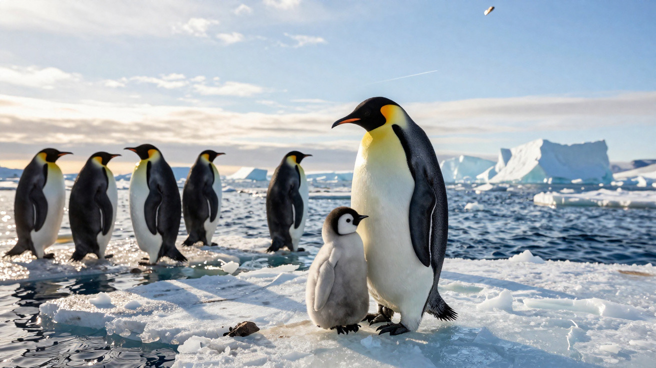 Emperor penguin adult and chick on ice, with a line of adults and icy ocean in the background under a cloudy sky.