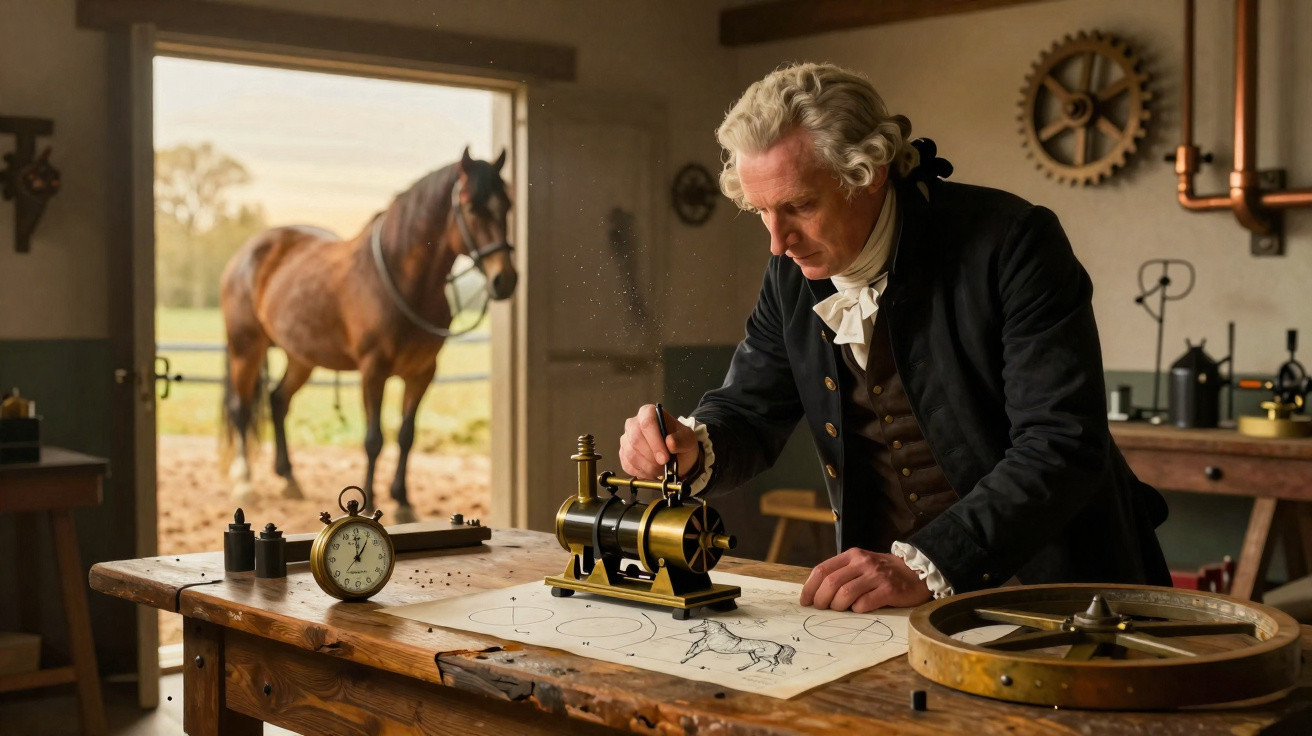 18th-century man in period clothing working on a steam engine model in a workshop with a horse outside.