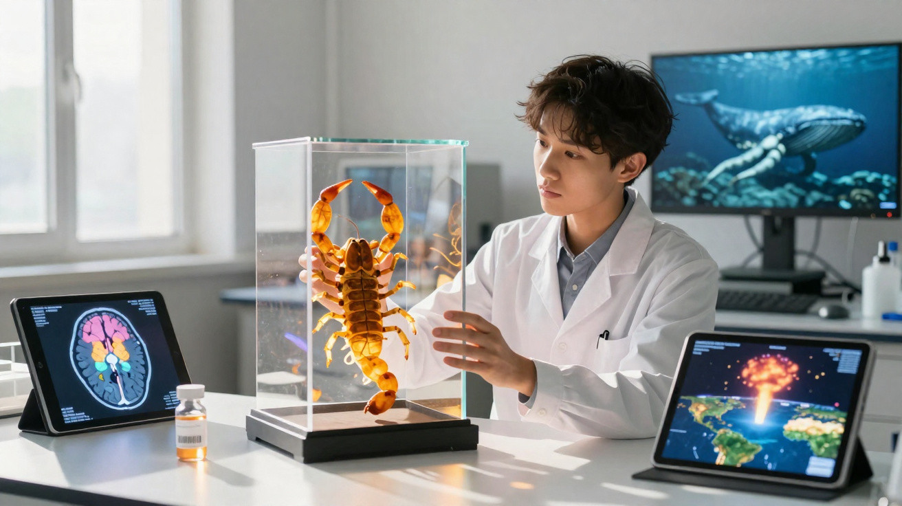 Scientist in a lab coat examining a large scorpion model in a glass case with brain and explosion images on tablets.