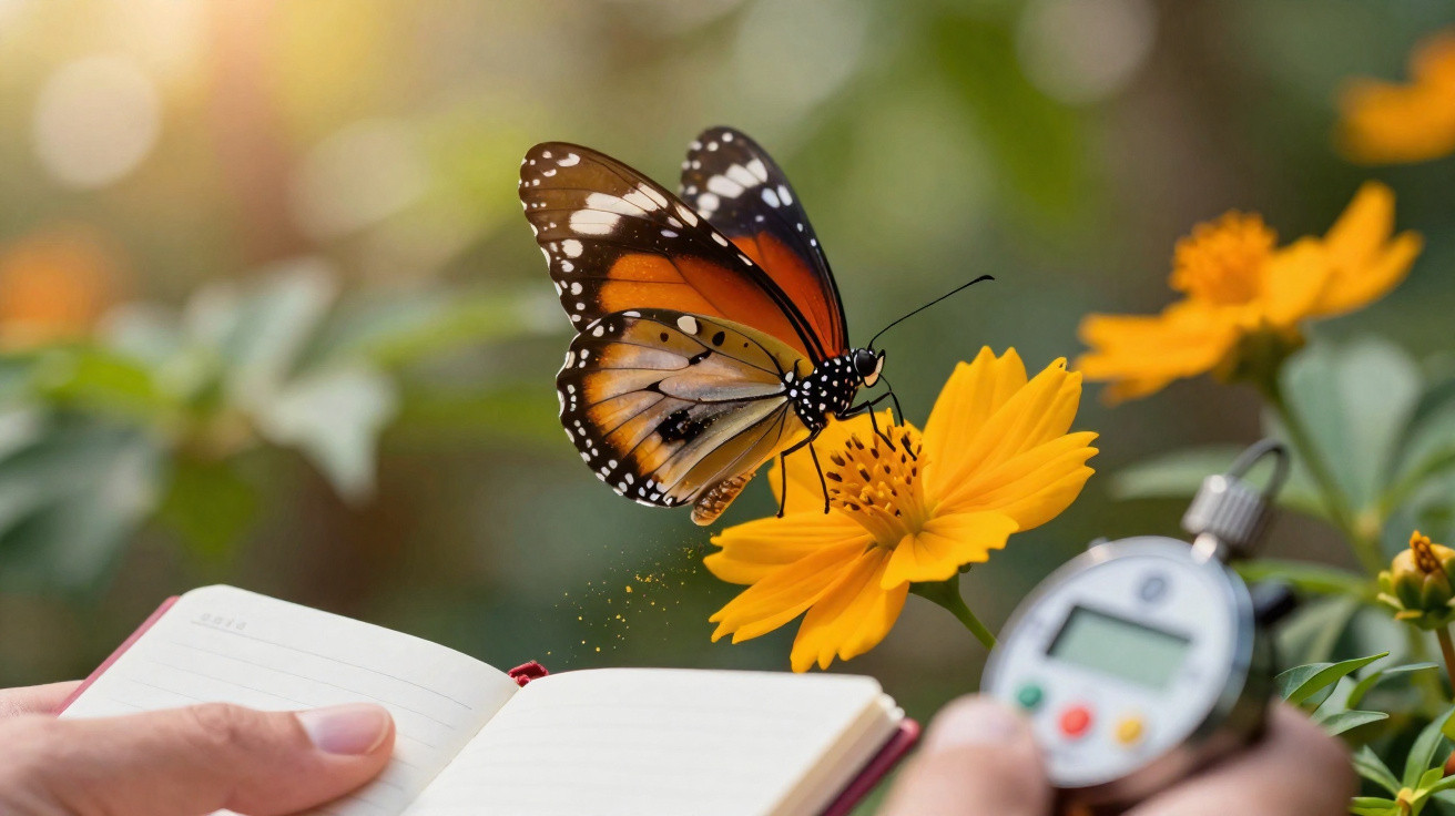Close-up of a butterfly on a yellow flower with an open notebook and stopwatch in blurred hands nearby.