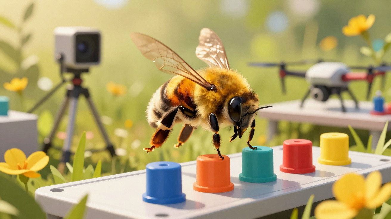 Close-up of a bee landing on colorful buttons outdoors with a camera and drone in the blurred background