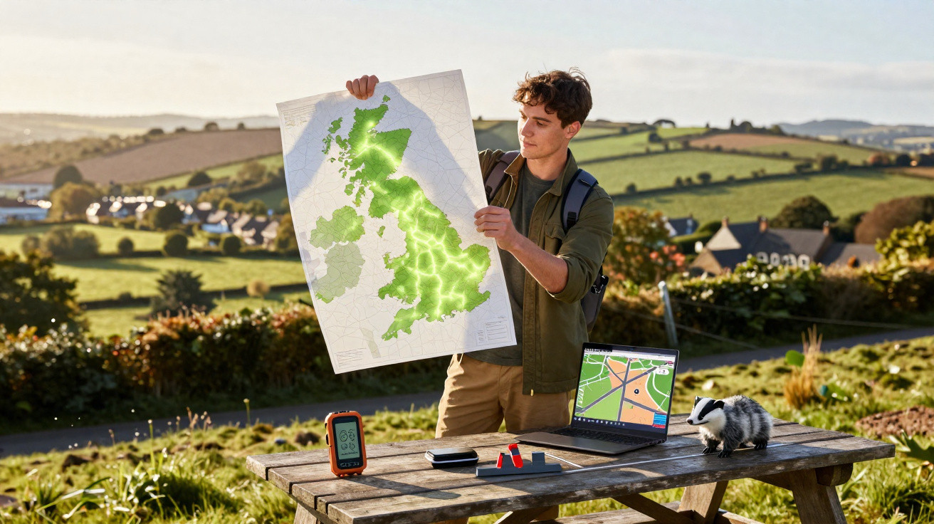 Young man outdoors holding a map of the UK with navigation tools on a picnic table and a badger nearby.