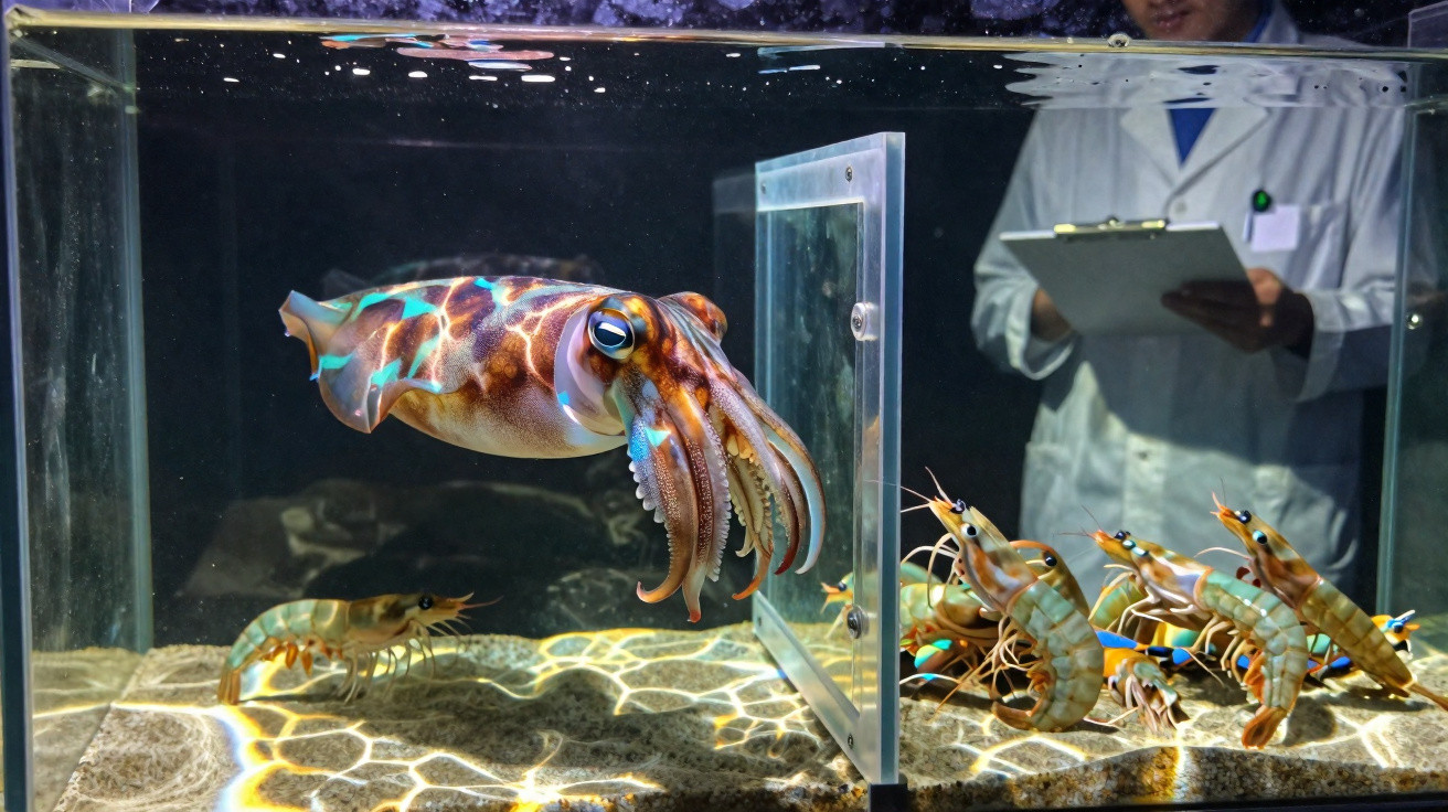 Squid and shrimps in a divided aquarium tank with a person in a lab coat holding a clipboard in the background.